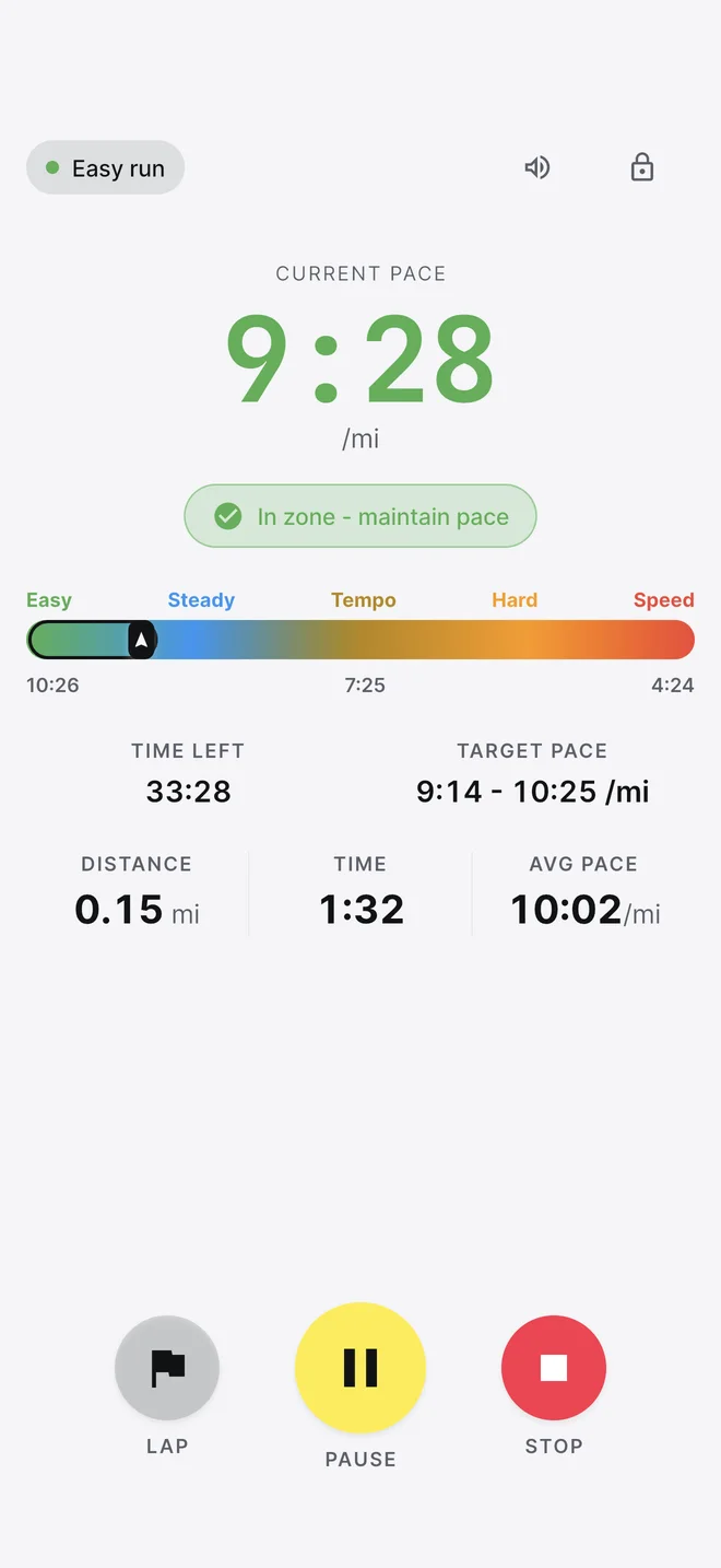 Live workout showing current pace