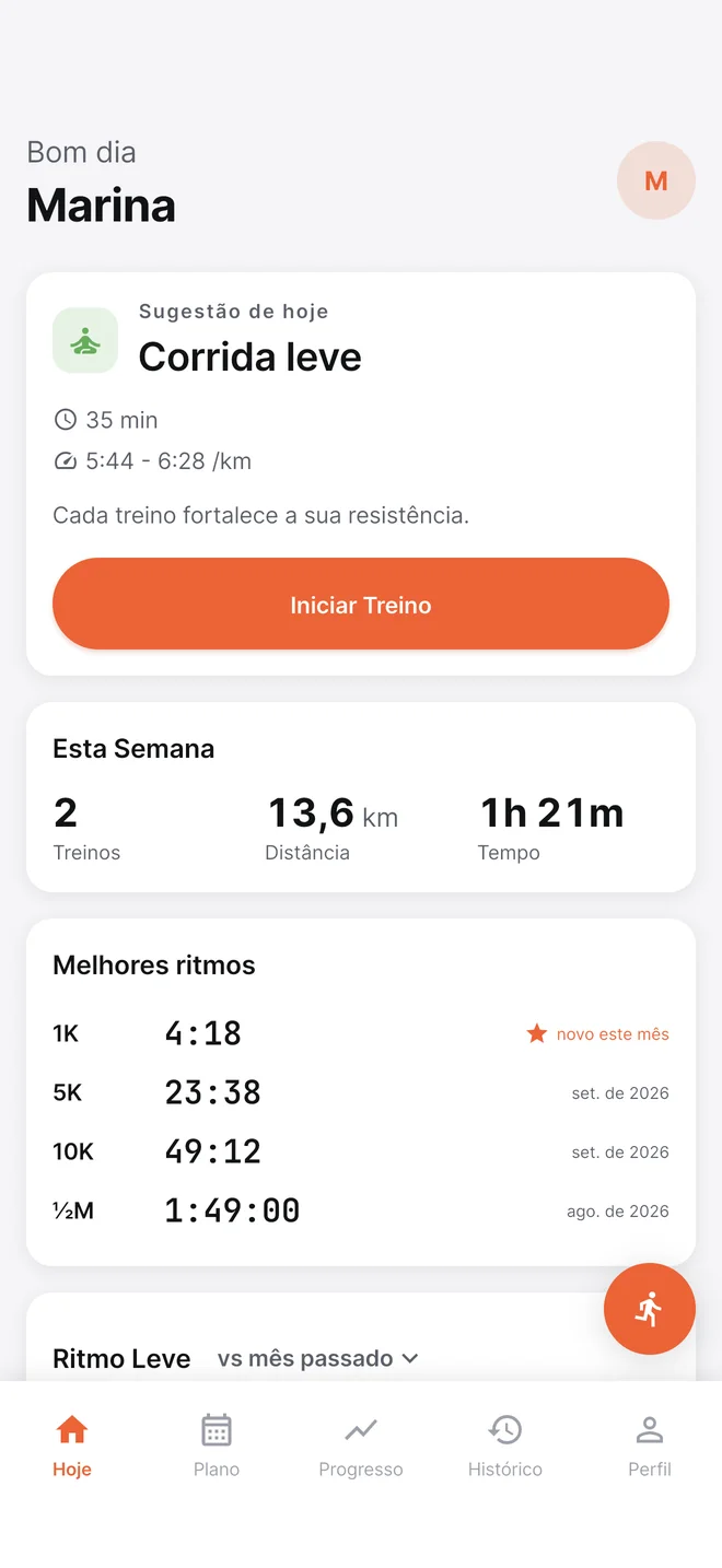 Tela Hoje com a sugestão de treino