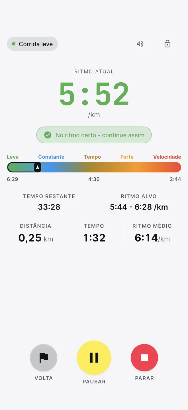 Treino ao vivo com o ritmo atual